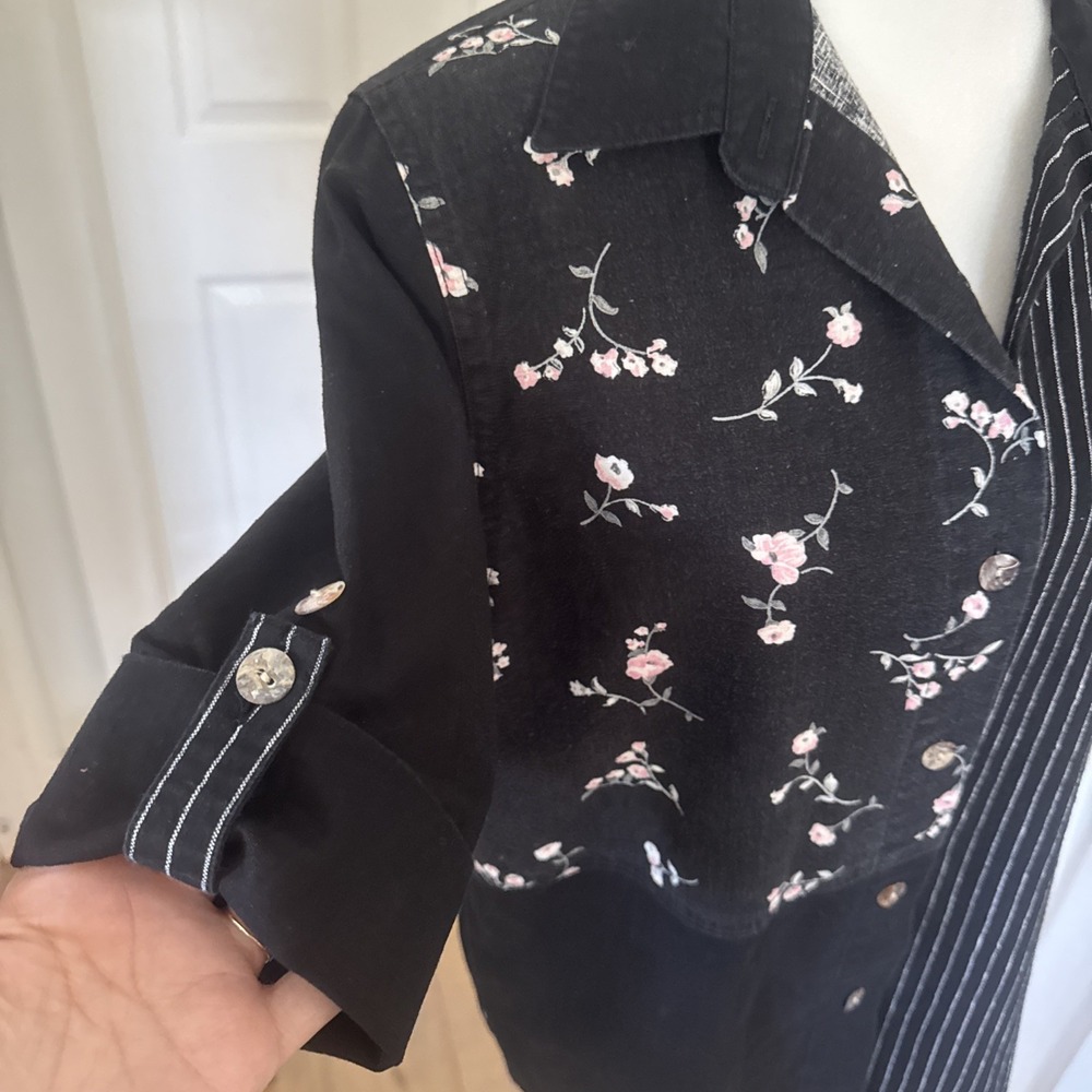 True Vtg CM Shapes Linen Black Floral Button Up Short Sleeve‎ Tunic Top Blouse S - Picture 3 of 8